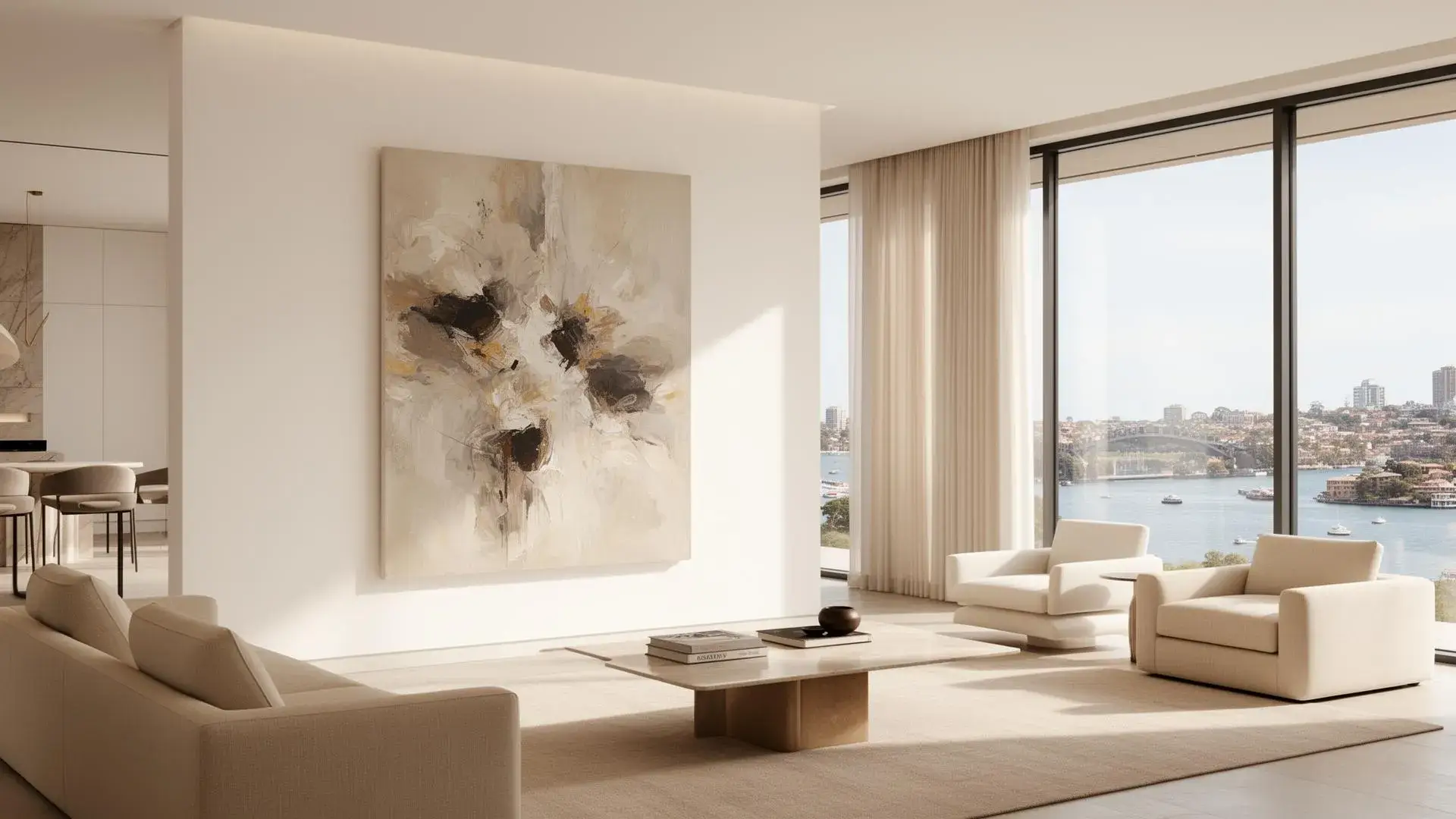 Premium art hanging and mirror installation in a luxury Sydney living room